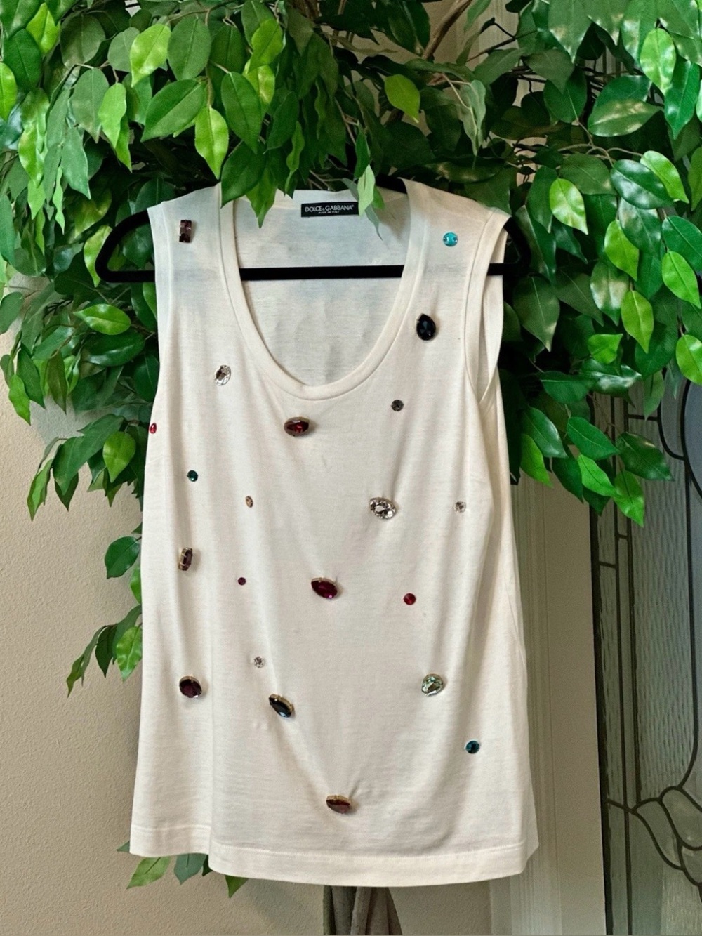Dolce & Gabbana White Crystal Embellished Jersey Tank Top Size 44 EU
